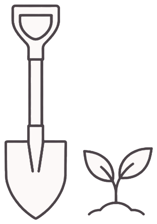 Line drawing of a garden spade with a sprouting seedling