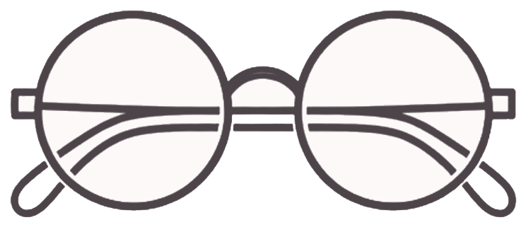 Line drawing of round eyeglasses with folded temples